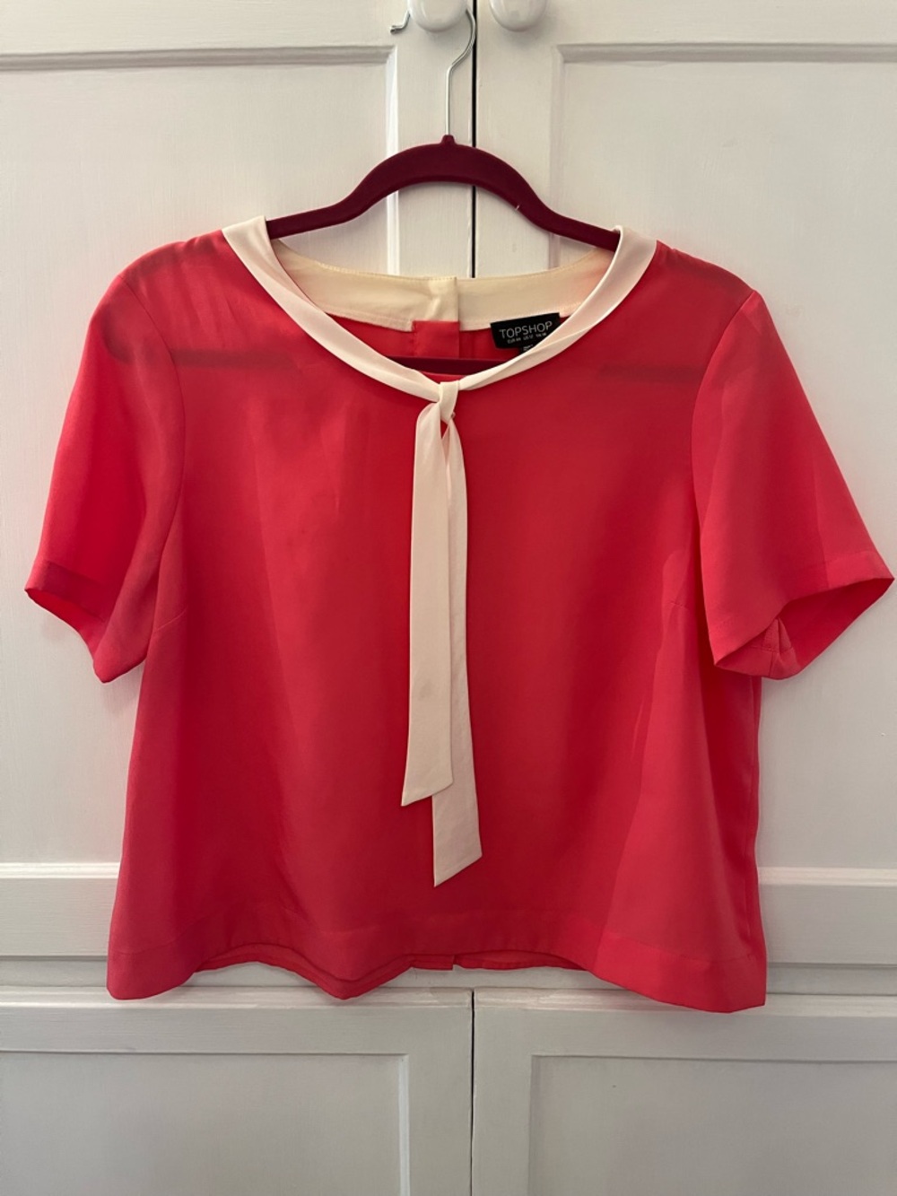 Topshop Women's pink Tie-Neck Short Sleeve Blouse